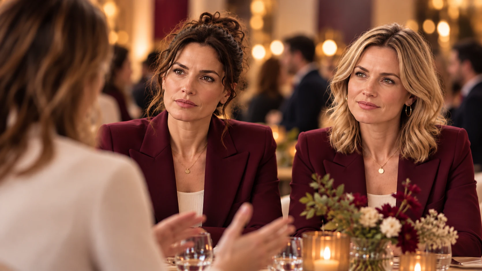 Anna und Bea hören am Tisch zu, beide mit ruhigem Gesicht